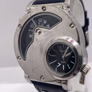 Oulm Mens Dual Time Silver Watch Works New Battery